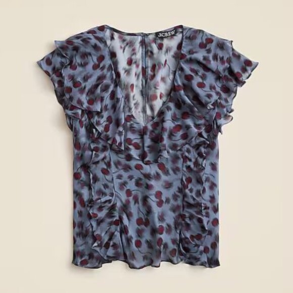 J. Crew Tops - J. Crew Ruffled Chiffon Cap Sleeve Blouse Blue Grey with Cherry Print Size XS